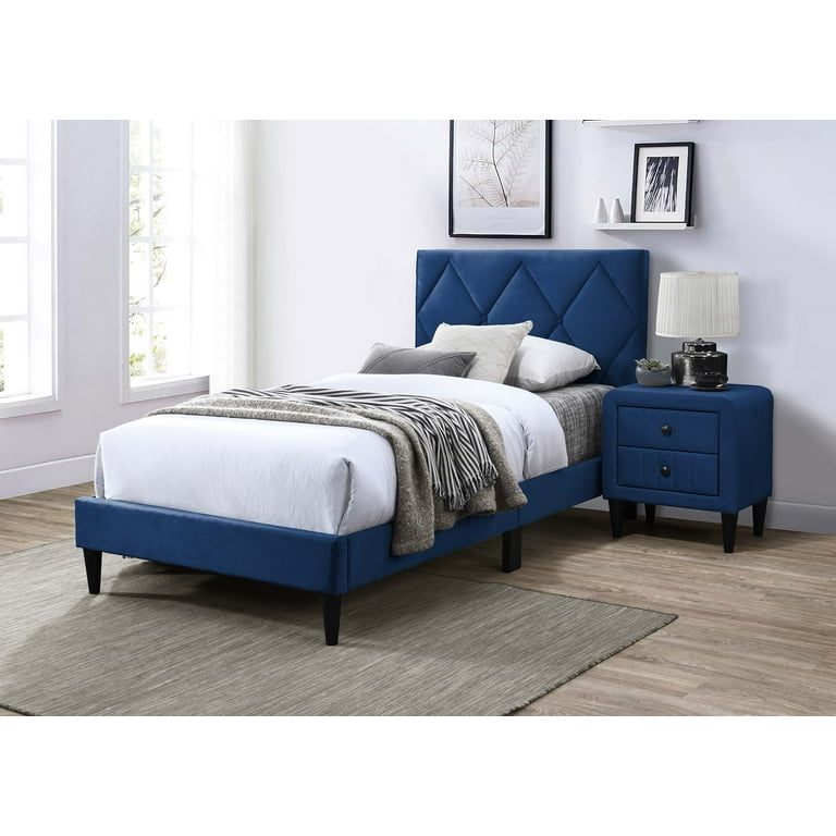 Poundex Navy Blue Velvet Twin Bed