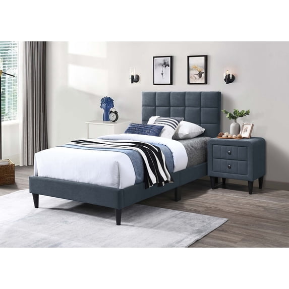 Poundex Adjustable Headboard Twin Bed Frame in Brushed Linen Charcoal