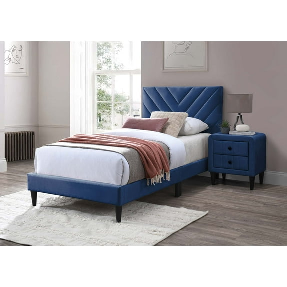Poundex Adjustable V-Stitch Headboard Twin Bed Frame in Blue Velvet