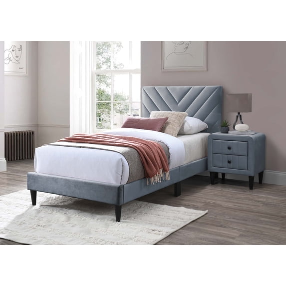 Poundex Adjustable V-Stitch Headboard Twin Bed Frame in Gray Velvet