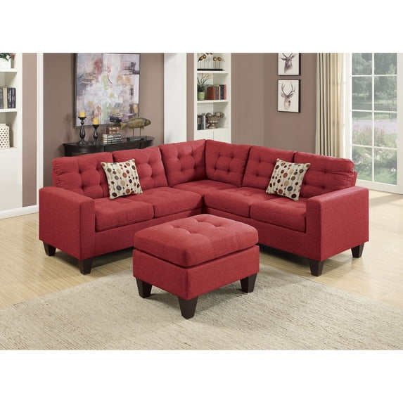 Poundex Bobkona Norton 4 Piece Sectional Sofa Living Room Set, Carmine Red