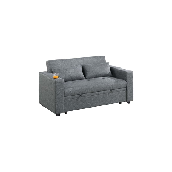 Poundex Convertible Fabric Sofa with Cupholders in Dark Gray
