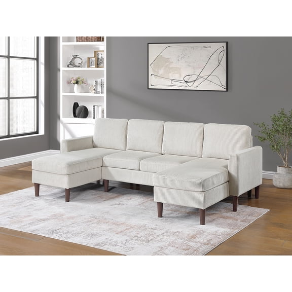 Poundex Corduroy Sectional Sofa - 3-Piece U-Shaped Set with Dual Chaise Lounges, Modern Square Arms, Beige, 4-Seat Living Room Furniture