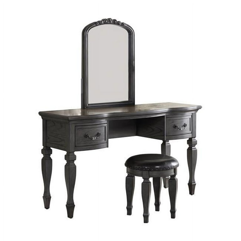 Poundex 54 x 19 x 60 in. Wooden Makeup Vanity Set Desk Mirror Stool Gray