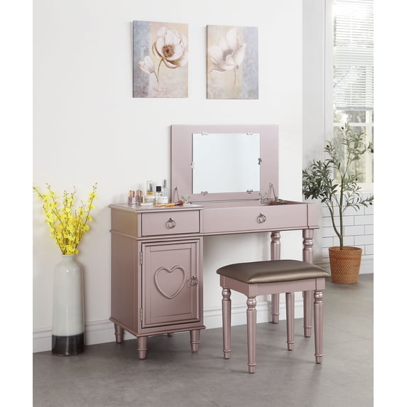 Poundex F4136 Bobkona Alice Flip up Mirror Vanity Set, Rose Gold