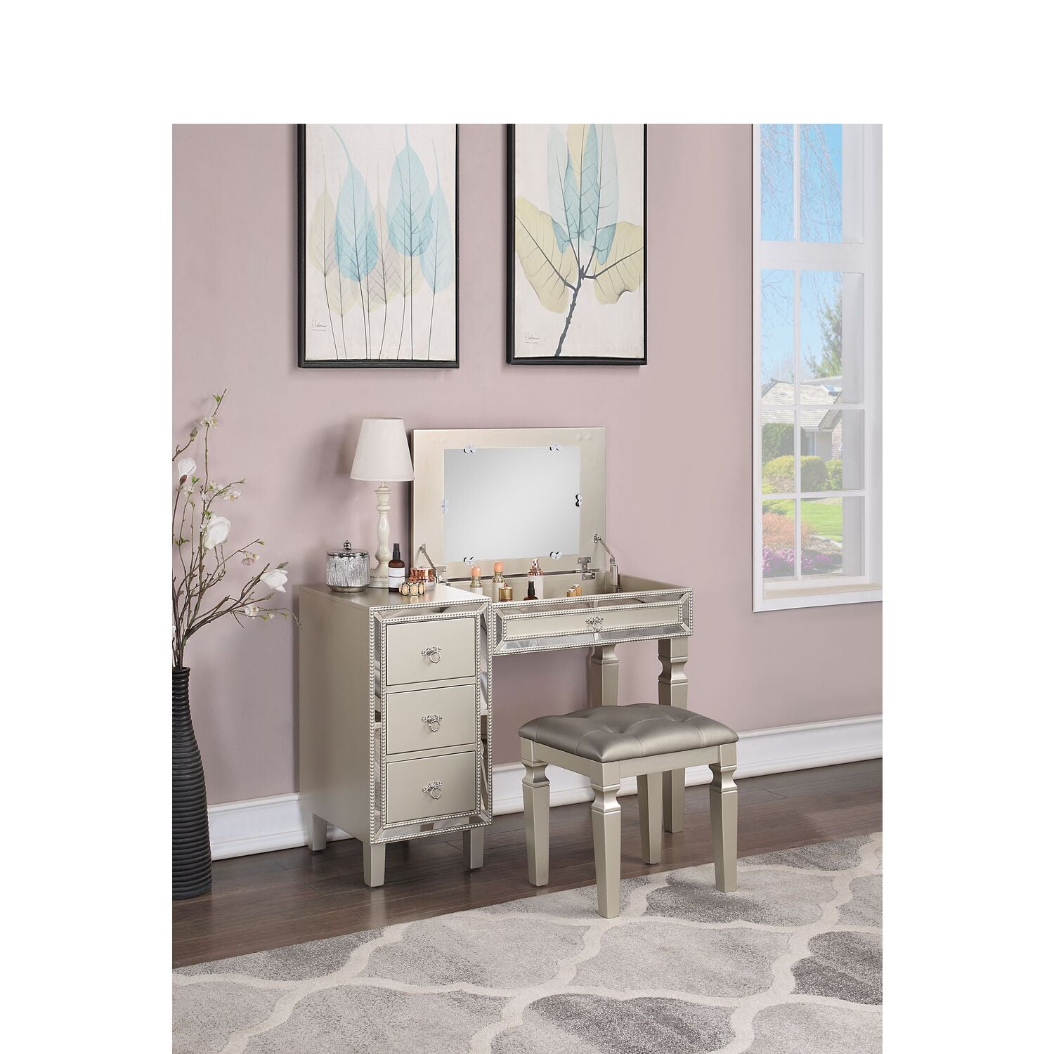 Poundex F4200 43 x 18 x 3047 in. Wooden Makeup Vanity Set with Liftup Mirror & Stool Silver