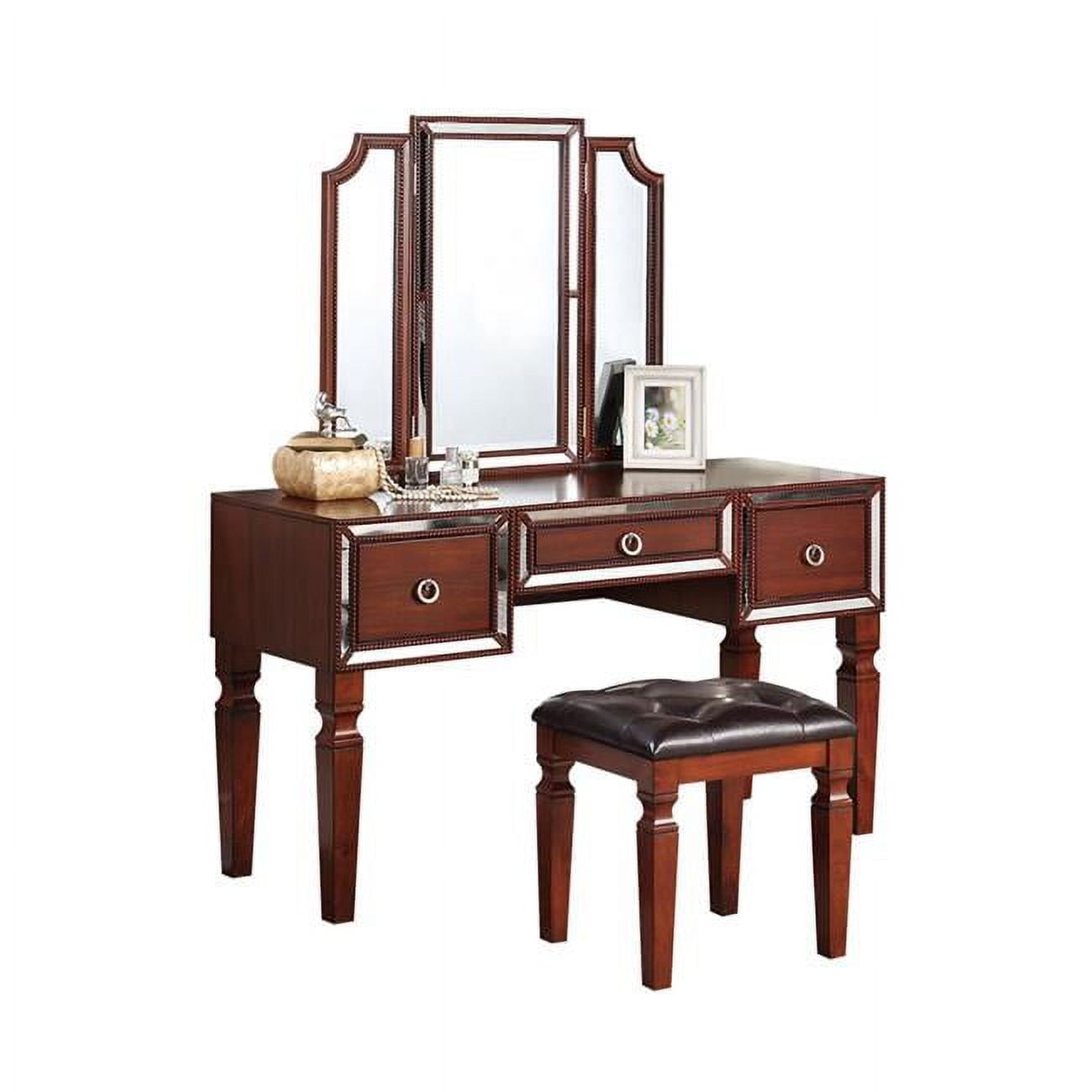 Poundex F4220 54 x 19 x 60 in. Wooden Makeup Vanity Set with Trifold Mirror & Stool Cherry