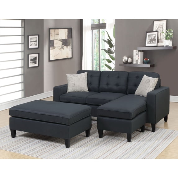 Poundex Fabric Compact Sectional Sofa Set with Cocktail Ottoman in Black