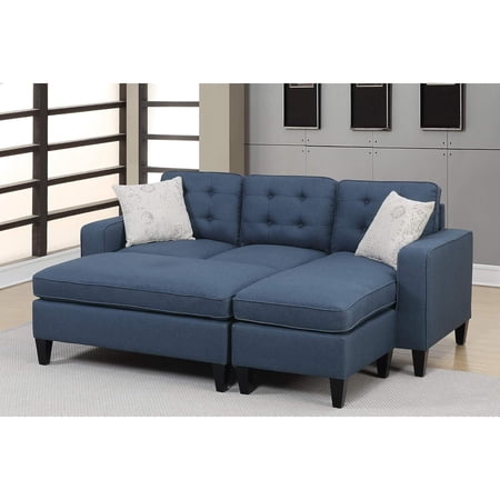 Poundex Fabric Compact Sectional Sofa Set with Cocktail Ottoman in Navy