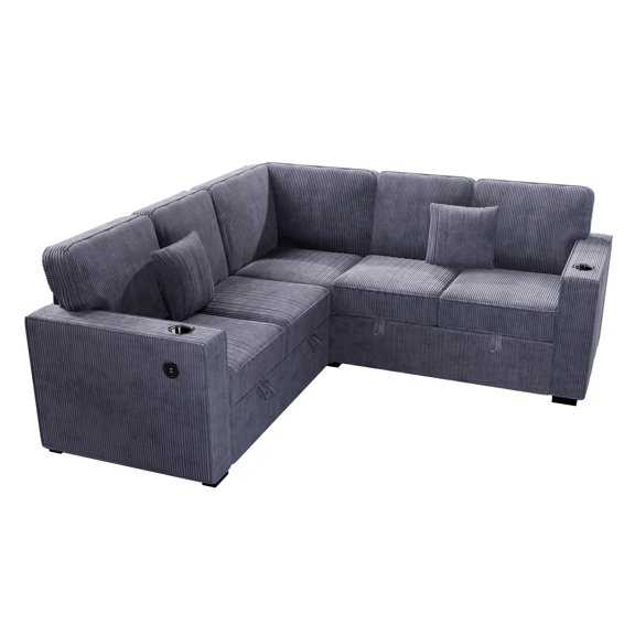 Poundex Foam Corduroy 3-PC Sectional Set with Storage in Dark Gray