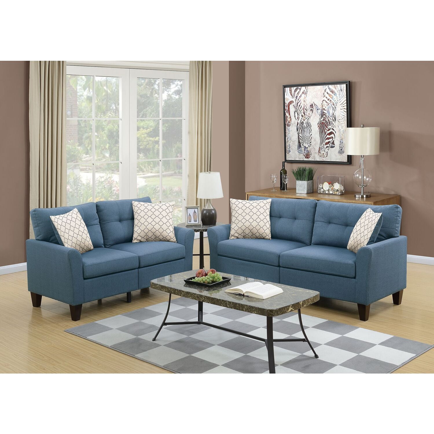 Poundex Furniture 2 Piece Fabric Couch Set for Living Room, Sofa and