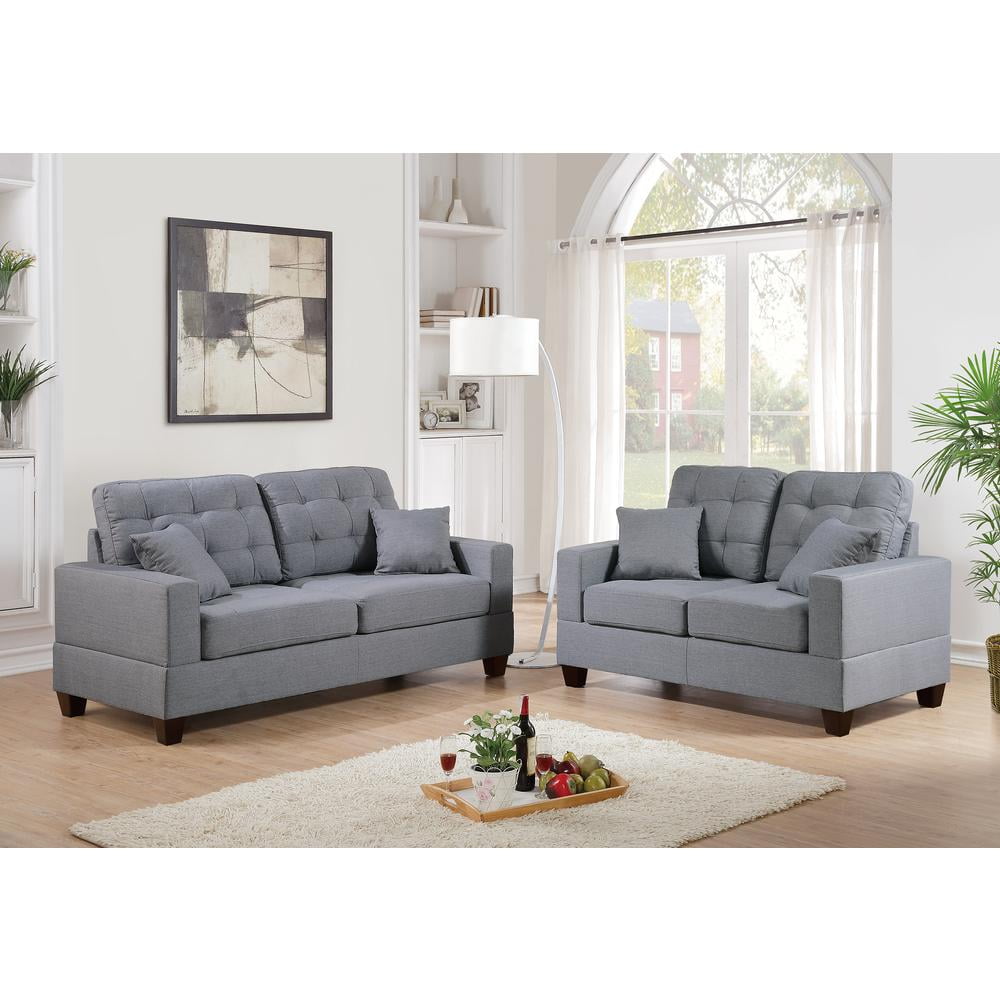 Gray Fabric 2-Piece Sofa and Loveseat Set with Throw Pillows