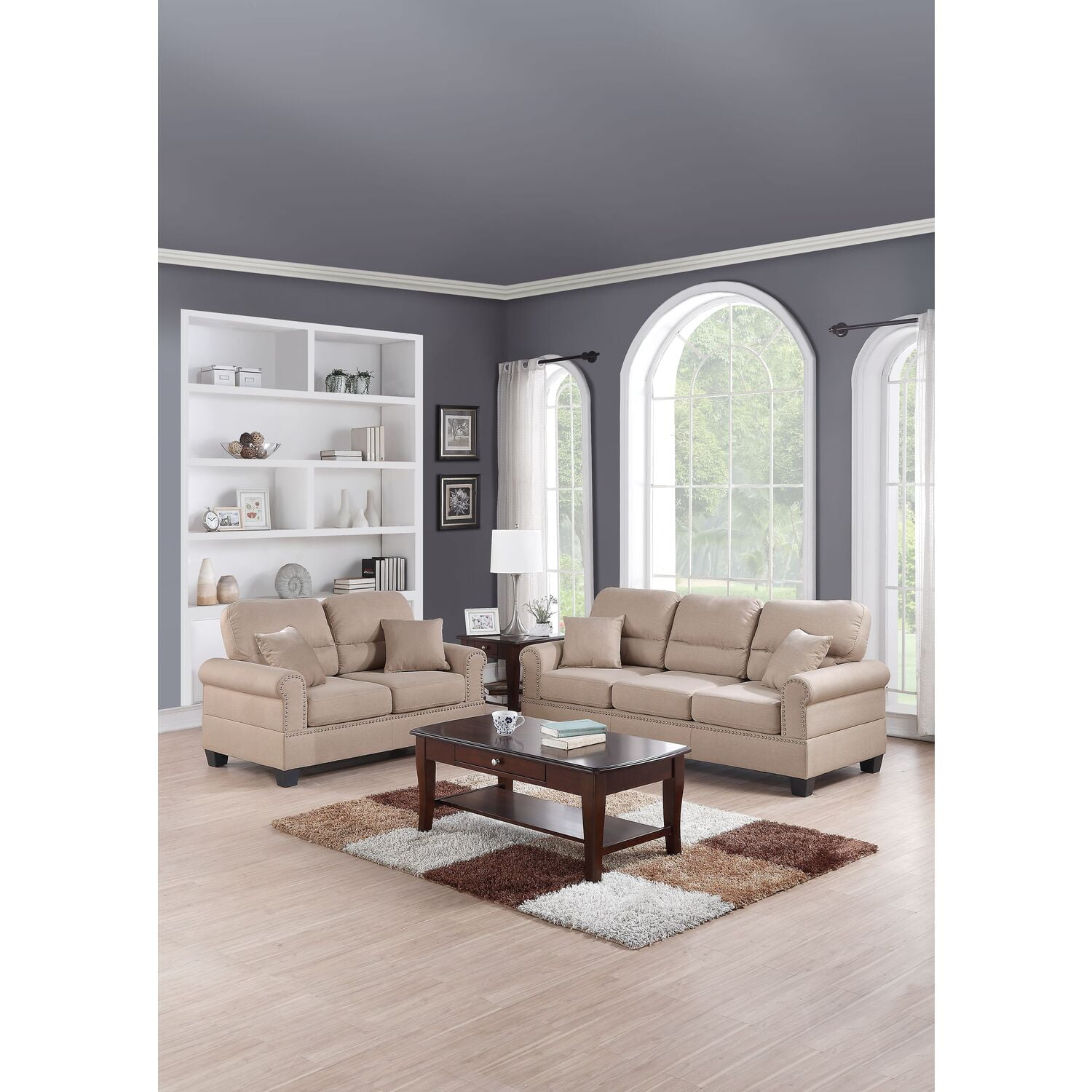 Sand Tan Fabric Sofa and Loveseat Set with Nailhead Trim