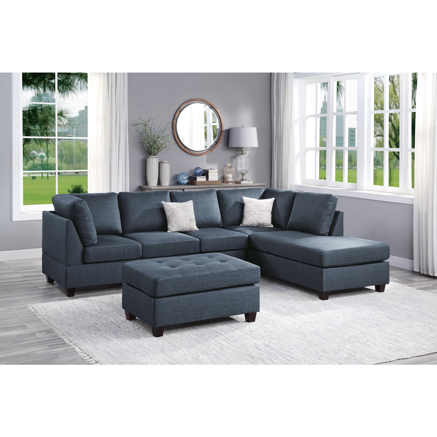 Dark Blue Microfiber Fabric Three-Piece Sectional Sofa with Ottoman
