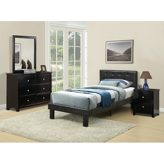 Poundex Furniture Twin Upholstered Bed Frame with Slats in Black Faux Leather