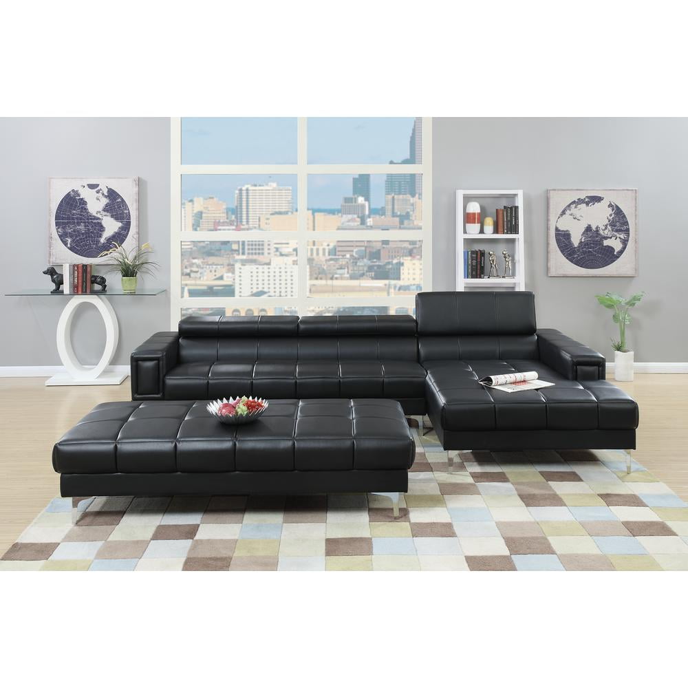 Black Faux Leather Tufted Sectional Sofa with Ottoman
