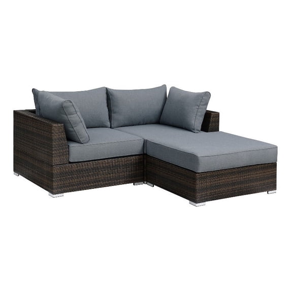 Poundex Furntiure Wicker-Fabric Outdoor Loveseat-Ottoman Three piece in Gray