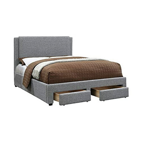 Poundex Gray Fabric Eastern King Size Platform Style Bed Frame with 2 Rolling Storage Drawers