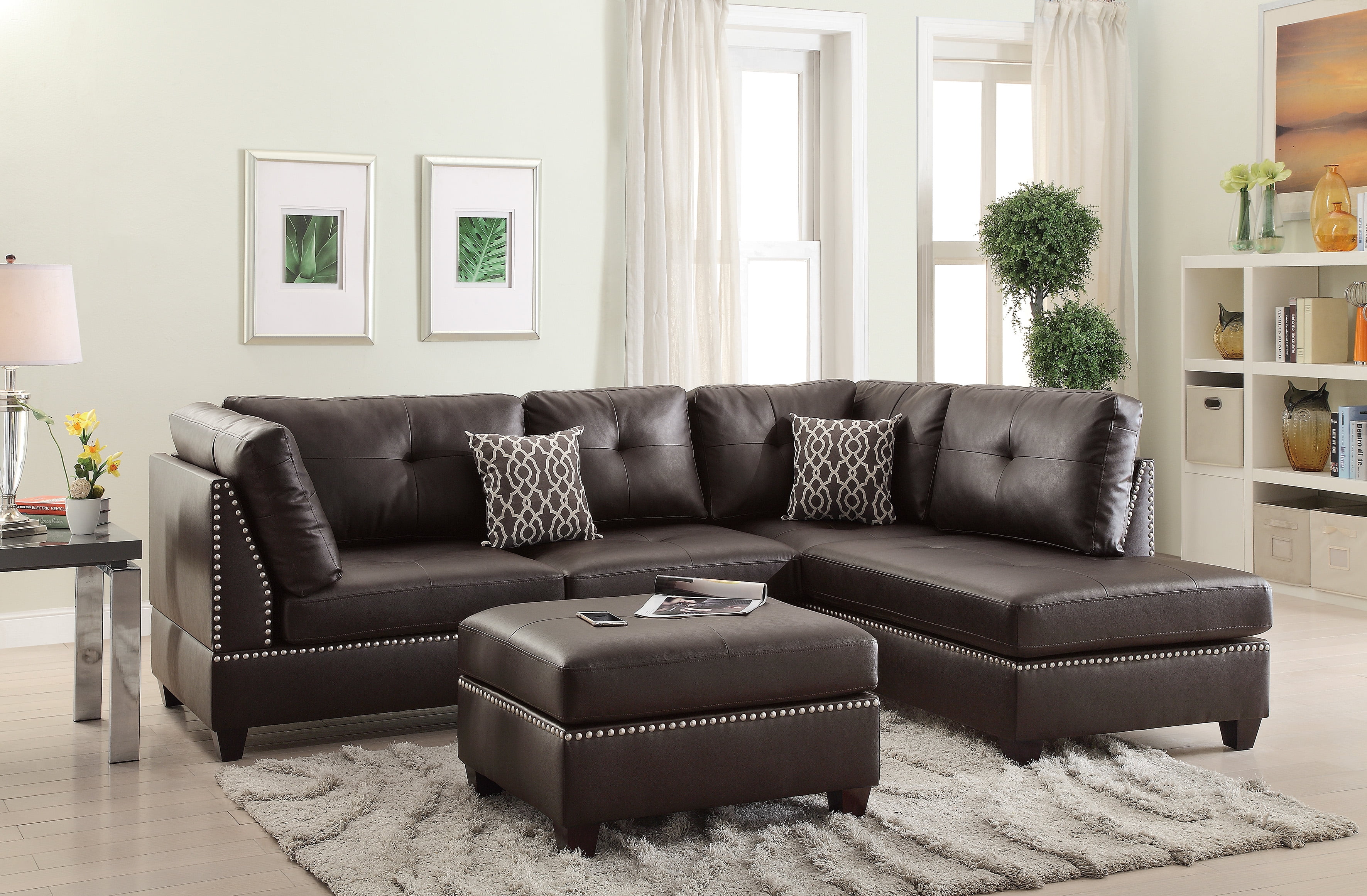 Poundex Reversible Chaise Sectional Set with Ottoman in Espresso
