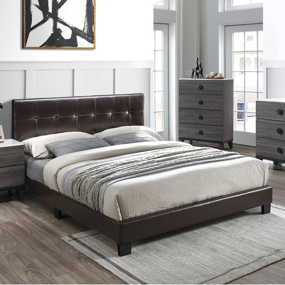 Poundex Twin Faux Leather Upholstered Bed, Brown