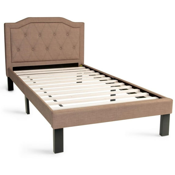 Poundex Twin Upholstered Bed Frame with Slats in Brown Tan Fabric, 86" L x 43" W x 38" H , Package Weight 56