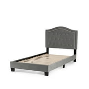 Poundex Twin Velvet Fabric Upholstered Bed Frame with Slats in Gray