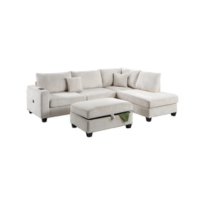 Poundex Upholstered Corduroy 3-Piece Sectional Set in Ivory with Foam Cushions