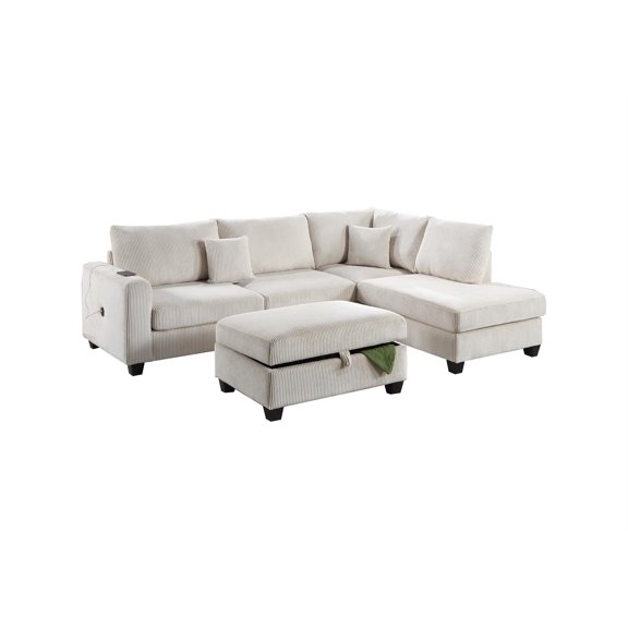 Poundex Upholstered Corduroy 3-Piece Sectional Set in Ivory with Foam Cushions