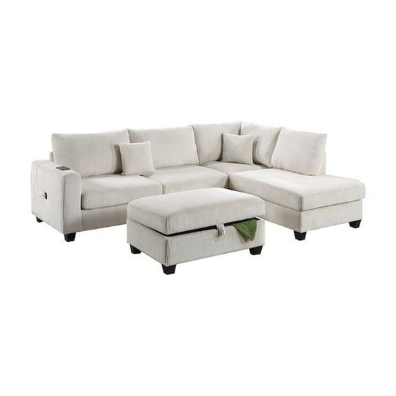 Poundex Upholstered Corduroy 3-Piece Sectional Set in Ivory