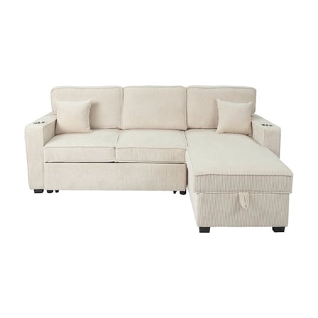 Poundex Upholstered Corduroy Reversible Storage Chaise Convertible Sectional in Beige
