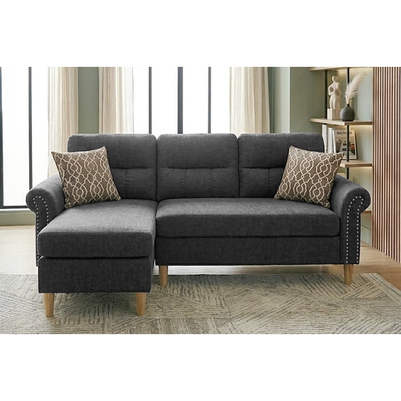 Poundex Velvet Reversible Sectional Sofa with 2 Pillows, L-Shaped Living Room Set, Slate Gray