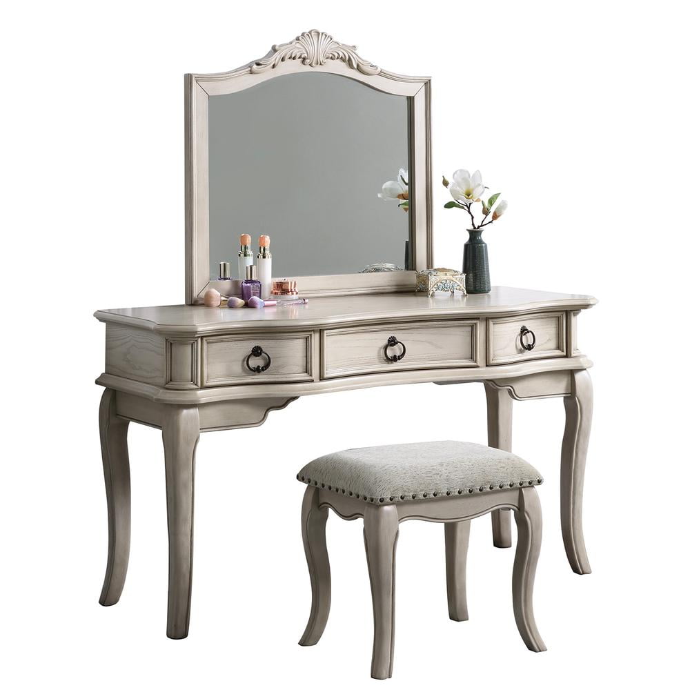 Antique White Wood Vanity Set with Mirror and Stool