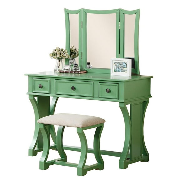 Poundex Vanity Set with Stool and Mirror Green