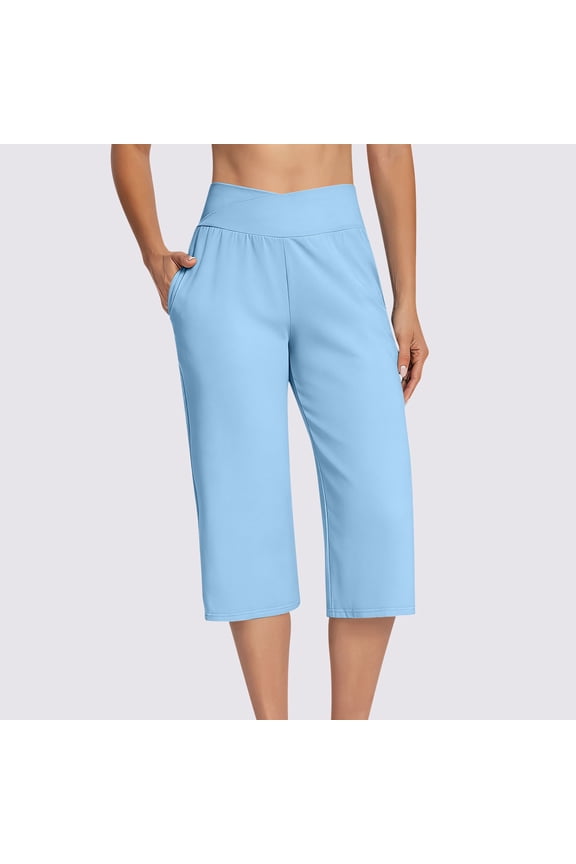 Pouno Women's Capri Pants High Waist Cross Front Waistband Capris Casual Outings Classic Stylish Straight Leg Cropped Pants Gift