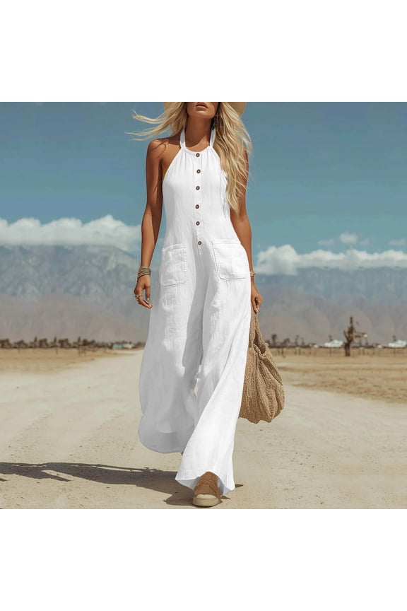 Pouno Women's Linen Jumpsuits Sleeveless Halter Neck Button Front Jumpsuits Beach Vacations Lightweight Comfy Loose Wide Leg Overalls Gift