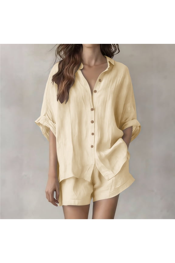 2 Piece Cotton Linen Sets for Women Collared Button Down Cuffed Short Sleeve Tops Elastic Waist Casual Shorts Summer Lounge Beach Outfits Gift
