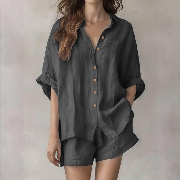 Pounoo 2 Piece Cotton Linen Sets for Women Collared Button Down Cuffed Short Sleeve Tops Elastic Waist Casual Shorts Summer Lounge Beach Outfits Gift