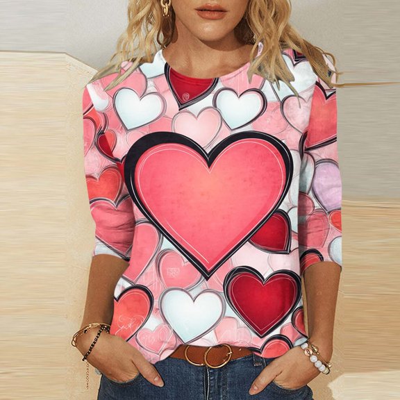 Pounoo 3/4 Length Sleeve Shirts for Women Crew Neck Trendy Colorful Cute Print Tee Tunic Tops Dressy Casual Spring Summer T-Shirts Blouses Gift