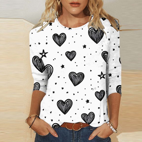 Pounoo 3/4 Length Sleeve Shirts for Women Crew Neck Trendy Colorful Cute Print Tee Tunic Tops Dressy Casual Spring Summer T-Shirts Blouses Gift