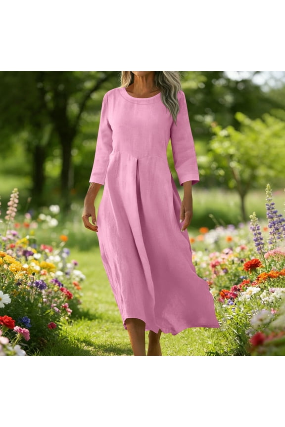 3/4 Sleeve Maxi Dresses for Women Spring Casual V Neck A-line Flowy Cotton Linen Dress Vacation Dress with Pockets Gift