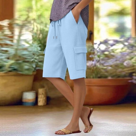 Pounoo Bermuda Shorts for Women Drawstring Elastic Waist Cargo Pocket Detail Loose Fit Bottoms Summer Casual Durable Slacks