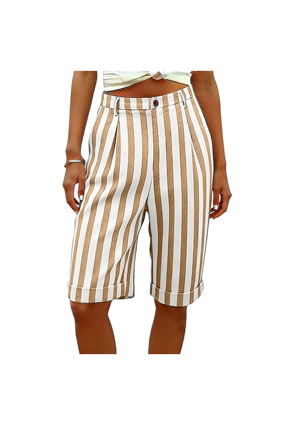 Bermuda Shorts for Women High Waist Pleated Cuffed Hem Side Pocket Plain Detail Loose Fit Bottoms Casual Daily Lightweight Summer Shorts Gift