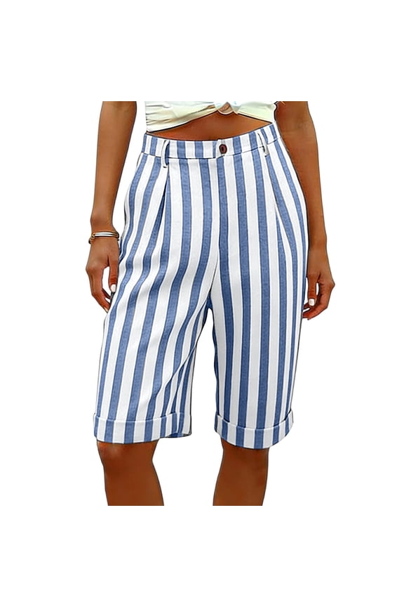 Bermuda Shorts for Women High Waist Pleated Cuffed Hem Side Pocket Plain Detail Loose Fit Bottoms Casual Daily Lightweight Summer Shorts Gift