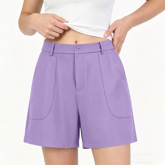 Pounoo Bermuda Shorts for Women High Waisted Pleated Front Button Detail Pocket Detail Loose Fit Bottoms Daily Slacks
