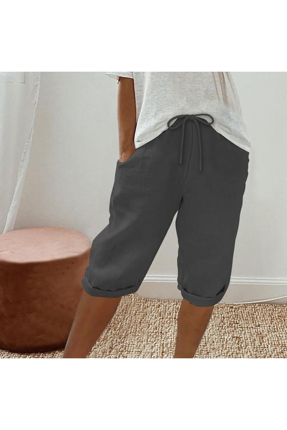 Bermuda Shorts for Women Knee Length Cotton High Waist Palazzo Drawstring Shorts Summer Capris Pants with Pockets