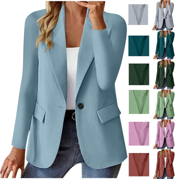 Pounoo Blazers for Women Casual Oversized Single Button Open Front Cardigan Lined Long Sleeve Jackets Business Office Business Suit Blazer with Fake Pocket