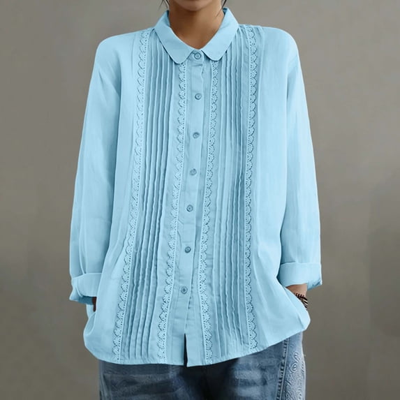 Pounoo Blouses for Women Dressy Casual Long Sleeve Collared Pleated Cutout Trim Button Front Blouses Relaxed Fit Office Casual Outfits Gift