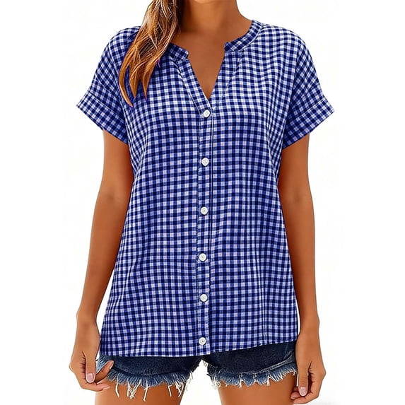 Pounoo Blouses for Women Dressy Casual Sleeveless V Neck Plaid Print Button Front Relaxed Fit Office Brunch Weekend Getaway Outfits Gift