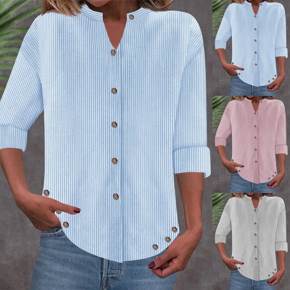 Pounoo Blouses for Women Mandarin Notch Collar Vertical Stripe Print Shirts for Women Relaxed Fit Daily Outing Breathable Womens Tops