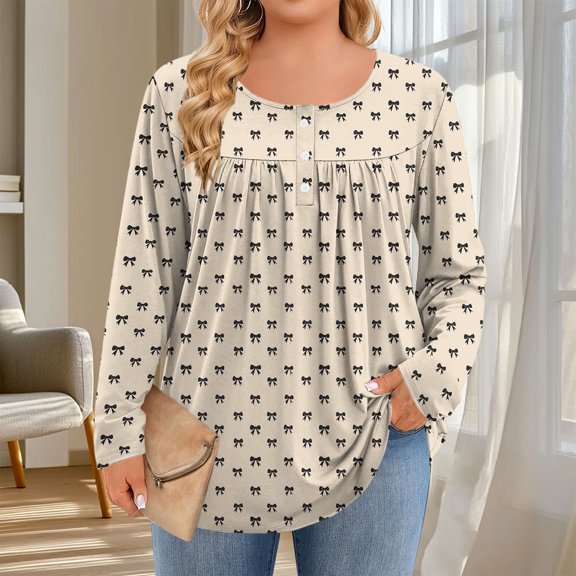 Pounoo Boho Tops for Women Floral Colorblock Round Neck Plus Size Clothes for Women with Button Tunics Fall Casual Pullover Loose Fit Basic Tshirt Gift